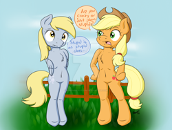 Size: 1024x768 | Tagged: safe, artist:roxenmaratoun, character:applejack, character:derpy hooves, species:pegasus, species:pony, arm behind back, belly button, bipedal, chest fluff, clothing, cowboy hat, cute, cutie mark, dialogue, forrest gump, hat, lip bite, quote, semi-anthro, text bubbles, watermark