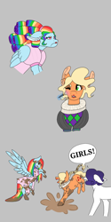 Size: 1000x2000 | Tagged: safe, artist:shortcake1284, character:applejack, character:rainbow dash, character:rarity, species:pony, alternate hairstyle, applejack also dresses in style, clothing, dress, forced makeover, gray background, magic, makeover, makeup, mud, rainbow dash always dresses in style, ruff (clothing), simple background