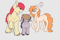 Size: 1000x667 | Tagged: safe, artist:shortcake1284, character:bright mac, character:pear butter, oc, oc:iron granite, parent:big macintosh, parent:marble pie, parents:marblemac, species:pony, clothing, colt, floppy ears, grandparent and grandchild moment, grandparents, hat, male, offspring