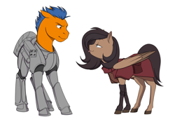 Size: 3508x2480 | Tagged: safe, artist:renniksarts, derpibooru original, oc, oc only, oc:orange kyanite, oc:quillwright, species:earth pony, species:pegasus, species:pony, fallout equestria, armor, blep, couple, fallout equestria: of shadows, fanfic art, female, male, power armor, scribe, scribe robe, silly, simple background, steel ranger, steel rangers, straight, tongue out, white background