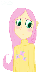 Size: 274x453 | Tagged: safe, artist:woop-de-de-doo, character:fluttershy, clothing, humanized, simple background, sweater, sweatershy, turtleneck, unibrow