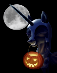 Size: 837x1080 | Tagged: safe, artist:dr-waveband, character:nightmare moon, character:princess luna, species:alicorn, species:pony, female, full moon, grin, halloween, holiday, jack-o-lantern, mare, moon, night, pumpkin, smiling, solo