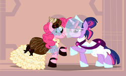 Size: 1108x671 | Tagged: safe, artist:darkwingsnark, character:pinkie pie, character:twilight sparkle, ship:twinkie, clothing, dress, female, lesbian, shipping, wedding