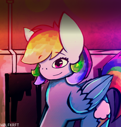 Size: 940x984 | Tagged: safe, artist:wolfkrft, character:rainbow dash, species:pegasus, species:pony, alley, downtown, female, signature, smiling, solo