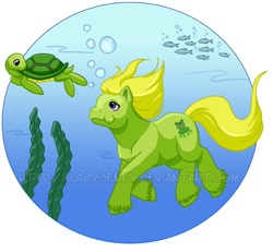 Size: 640x591 | Tagged: safe, artist:lazyjenny, g1, baby leaper, fish, swimming, turtle, underwater