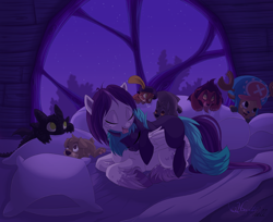 Size: 1024x837 | Tagged: safe, artist:hecatehell, oc, oc only, oc:angel heart, species:pegasus, species:pony, species:unicorn, balto, bed, bedroom, female, how to train your dragon, licking, mare, night, one piece, prone, puss in boots, scamp, scar (the lion king), sleeping, the lion king, tongue out, tony tony chopper, toothless the dragon