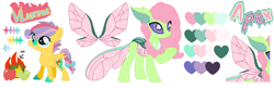 Size: 1238x400 | Tagged: safe, artist:latiapainting, oc, oc only, oc:apex, oc:vlamme, species:changeling, species:pegasus, species:pony, species:reformed changeling, changedling oc, changeling oc, cotton candy, female, filly, fluffy, friendship, pastel, reference sheet, spots, teeth