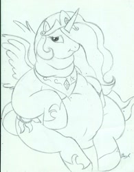 Size: 1700x2182 | Tagged: safe, artist:bunearyk, character:princess celestia, species:alicorn, species:pony, belly, belly button, chubbylestia, fat, female, mare, monochrome, princess, sitting, solo