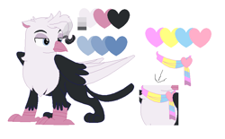 Size: 832x516 | Tagged: safe, artist:latiapainting, oc, oc only, oc:garu, species:bird, species:griffon, bicolor, blue eyes, griffon oc, not gay, pansexual, pansexual pride flag, pride, redesign, reference, reference sheet, solo