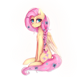 Size: 1000x1000 | Tagged: safe, artist:nutellaakanutella, character:fluttershy, species:pegasus, species:pony, alternate hairstyle, braid, butterfly, female, looking at you, mare, simple background, sitting, solo, transparent background, white outline
