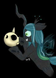Size: 968x1342 | Tagged: safe, artist:roxenmaratoun, character:queen chrysalis, species:pony, species:unicorn, black background, boop, evil, evil grin, floppy ears, grin, holes, horn, insect wings, sharp teeth, simple background, skull, smiling, teeth, wings