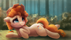 Size: 3840x2160 | Tagged: safe, artist:vanillaghosties, character:pear butter, species:earth pony, species:pony, episode:the perfect pear, g4, my little pony: friendship is magic, accessory swap, blushing, clothing, cowboy hat, cute, female, hat, looking up, mare, on side, outdoors, pearabetes, plot, smiling, solo, stetson