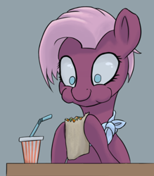 Size: 618x706 | Tagged: safe, artist:sv37, character:jasmine leaf, species:earth pony, species:pony, g4, ascot, burrito, bust, drink, eating, female, food, mare, puffy cheeks, simple background, smiling, solo