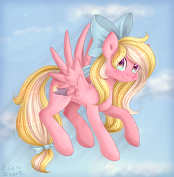 Size: 996x1012 | Tagged: safe, artist:pony-ellie-stuart, oc, oc only, oc:bay breeze, species:pegasus, species:pony, blushing, bow, cute, female, flying, hair bow, happy, looking at you, mare, sky, solo, tail bow