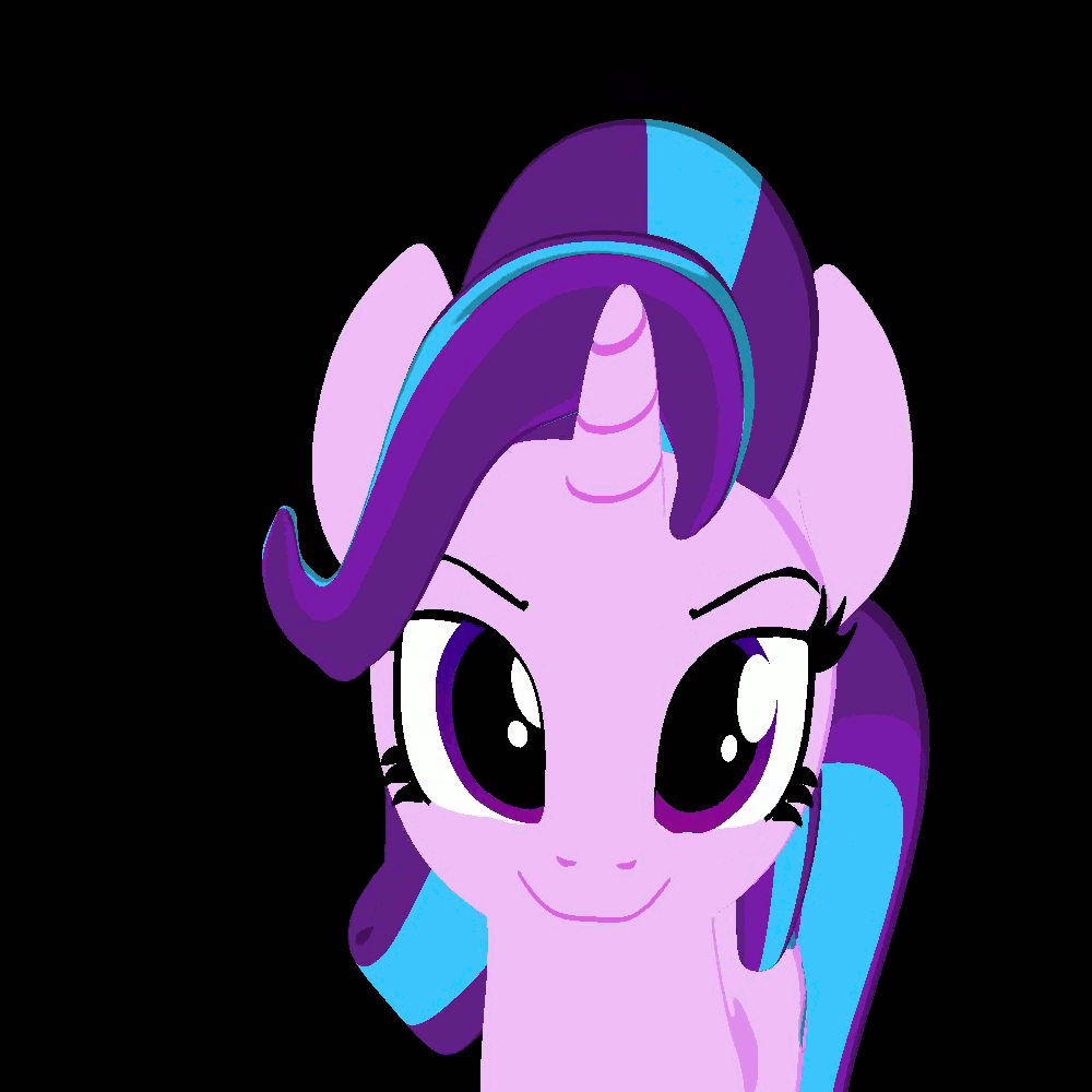 Size: 1000x1000 | Tagged: safe, artist:galawaille, edit, character:starlight glimmer, species:pony, species:unicorn, 3d, >:), animated, black background, blender, cel shading, cute, evil grin, eyebrows, female, gif, happy, looking at you, loop, mare, simple background, smiling, smirk, smug, smuglight glimmer, solo, wrong eye color