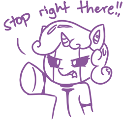 Size: 500x500 | Tagged: source needed, safe, artist:ijustloveit619, character:sweetie belle, species:pony, species:unicorn, sweetie bot, angry, belle, dialogue, exclamation point, female, filly, foal, hooves, horn, monochrome, open mouth, pointing, robot, robot pony, shout, simple background, solo, white background, yelling