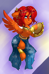 Size: 2400x3600 | Tagged: safe, artist:mimkage, oc, oc only, oc:goldenfox, species:pegasus, species:pony, clothing, crossdressing, male, musical instrument, romani, smiling, solo, tambourine