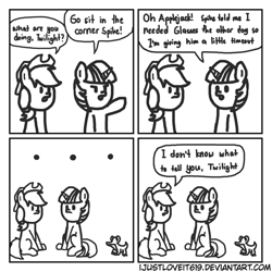 Size: 600x600 | Tagged: safe, artist:ijustloveit619, character:applejack, character:gummy, character:twilight sparkle, black and white, comic, grayscale, monochrome