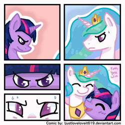 Size: 500x500 | Tagged: safe, artist:ijustloveit619, character:princess celestia, character:twilight sparkle, comic, contest, cute, momlestia, stare, staring contest