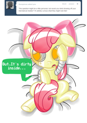 Size: 728x1024 | Tagged: safe, artist:ls820720, character:apple bloom, apple bloom bot, ask, ask apple bloom bot, bed, covering, dialogue, embarrassed, glowing eyes, on back, robot, speech bubble, tail covering, tumblr