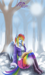 Size: 2480x4144 | Tagged: safe, artist:zakurarain, character:rainbow dash, species:human, episode:tanks for the memories, g4, my little pony: friendship is magic, book, boots, clothing, eared humanization, female, humanized, jacket, pantyhose, rainbow socks, reading, shoes, skirt, skirt lift, smiling, snow, socks, solo, striped pantyhose, striped socks, tail, tailed humanization, tree, upskirt, winged humanization, wings, winter