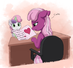 Size: 2250x2113 | Tagged: safe, artist:vanillaghosties, character:cheerilee, character:sweetie belle, species:earth pony, species:pony, species:unicorn, bitch, card, chair, cheerilee is unamused, dead inside, desk, dialogue, female, filly, insult, levitation, magic, mare, open mouth, paper, poor cheerilee, pun, sitting, sweetie fail, teacher and student, telekinesis, unamused, valentine's day card