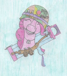 Size: 1268x1436 | Tagged: safe, artist:agentappleblanket, character:pinkie pie, born to x, bust, camouflage, drawing, full metal jacket, grenade, helmet, m202 flash, streamers, traditional art