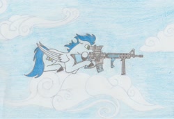 Size: 1796x1228 | Tagged: safe, artist:agentappleblanket, character:soarin', species:pony, backwards cutie mark, cloud, gun, m16a4, prone, rifle, shooting, traditional art, weapon