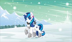 Size: 5065x2963 | Tagged: safe, artist:alpaca-pharaoh, character:shining armor, species:pony, species:unicorn, ear piercing, earring, female, gleaming shield, jewelry, mare, mountain, piercing, rule 63, snow, solo, tree