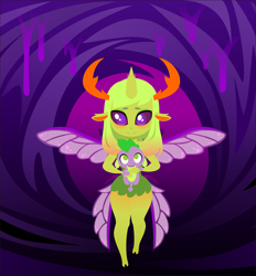 Size: 3642x3933 | Tagged: safe, artist:alpaca-pharaoh, character:spike, character:thorax, species:anthro, species:changeling, species:dragon, species:reformed changeling, blushing, cute, cuteling, duo, female, lineless, looking at you, male, mesosoma, queen mesosoma, rule 63