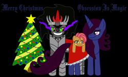 Size: 1024x614 | Tagged: safe, artist:thelordofdust, character:babs seed, character:king sombra, oc, oc:maneia, cape, christmas, christmas tree, clothing, fangs, grin, looking at you, obsession is magic, smiling, tree
