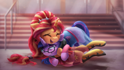 Size: 3840x2180 | Tagged: safe, artist:vanillaghosties, character:sunset shimmer, character:twilight sparkle, character:twilight sparkle (scitwi), species:pony, species:unicorn, equestria girls:forgotten friendship, g4, my little pony: equestria girls, my little pony:equestria girls, alternate hairstyle, clothing, crying, cute, dawwww, eyes closed, female, glasses, hug, mare, open mouth, ponied up, ponified, scitwilicorn, shimmerbetes, tears of joy, twiabetes