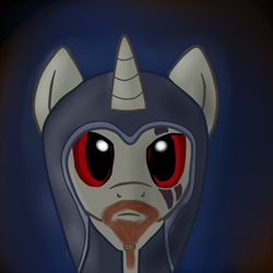 Size: 1024x1024 | Tagged: safe, artist:boushi33, oc, oc only, species:pony, species:unicorn, bust, facial hair, goatee, hood, looking at you, male, portrait, red eyes, skyrim, solo, stallion, the elder scrolls