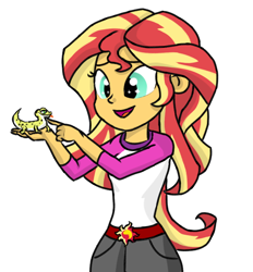 Size: 650x700 | Tagged: safe, artist:boushi33, character:ray, character:sunset shimmer, episode:pet project, eqg summertime shorts, equestria girls:legend of everfree, g4, my little pony: equestria girls, my little pony:equestria girls, camp everfree outfits, clothing, cute, duo, gecko, open mouth, pet, ray, shimmerbetes, shorts, simple background, white background