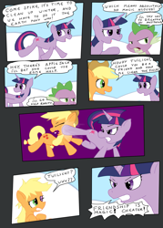 Size: 853x1192 | Tagged: safe, artist:tifu, character:applejack, character:spike, character:twilight sparkle, species:dragon, species:earth pony, species:pony, species:unicorn, episode:winter wrap up, g4, my little pony: friendship is magic, black eye, comic, female, kicking, male, mare, snow