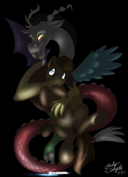 Size: 1280x1772 | Tagged: safe, artist:bellalysewinchester, character:discord, character:doctor whooves, character:time turner, species:earth pony, species:pony, doctor who, male, sonic screwdriver, stallion