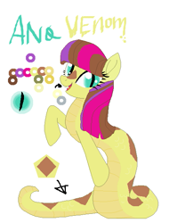 Size: 465x611 | Tagged: safe, artist:latiapainting, oc, oc:ana venom, species:lamia, happy, ms paint, original species, raised hoof, reference sheet, reptile, scales, serpent eye, simple background, snake pony, solo, white background