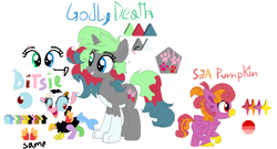 Size: 1012x545 | Tagged: safe, artist:latiapainting, oc, oc:ditsie, oc:godly death, oc:sea pumpinkin, species:draconequus, species:hippogriff, species:pony, baby, chest fluff, female, filly, heterochromia, mare, pending, reference sheet, scar, simple background, trio, white background, wolf pony