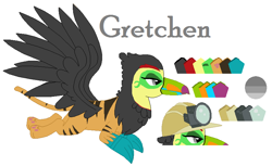 Size: 841x514 | Tagged: safe, artist:latiapainting, oc, oc only, oc:gretchen, species:bird, species:griffon, big cat, chest fluff, flying, griffon oc, keel-billed toucan, miner, reference sheet, simple background, solo, tiger, tiger griffon, toucan, toucan griffon, white background
