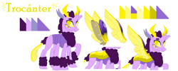 Size: 1387x555 | Tagged: safe, artist:latiapainting, oc, oc:troncanter, species:changeling, species:reformed changeling, changedling oc, changeling oc, fluffy, horns, raised hoof, reference sheet, reformed, simple background, solo, spider, white background