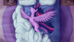 Size: 1920x1080 | Tagged: safe, artist:taggerung, character:twilight sparkle, character:twilight sparkle (alicorn), species:alicorn, species:pony, bed, bedsheets, crepuscular rays, eyes closed, female, mare, messy mane, morning, morning ponies, on side, overhead view, pillow, solo, stretching, waking up