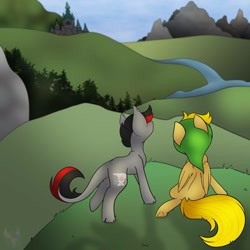 Size: 894x894 | Tagged: safe, artist:melonzy, oc, oc only, oc:cinder smith, oc:winds (old version), species:pegasus, species:pony, species:unicorn, duo, friends, mountain, river, scenery, sitting, standing