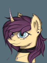 Size: 2124x2832 | Tagged: safe, artist:sinniepony, oc, species:pony, species:unicorn, abstract background, ankh, bust, choker, collar, curved horn, female, heterochromia, mare, piercing, portrait, purple mane, simple background, solo