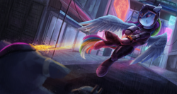 Size: 3840x2040 | Tagged: safe, artist:vanillaghosties, character:pinkie pie, character:rainbow dash, species:pegasus, species:pony, g4, cloak, clothing, female, fight, food, league of legends, mare, muffin, rain, smiling, spread wings, street, vayne, weapon, wings