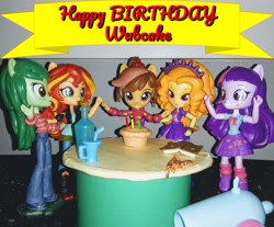 Size: 2068x1712 | Tagged: safe, artist:artking3000, character:adagio dazzle, character:sunset shimmer, character:twilight sparkle, character:wallflower blush, oc, oc:cupcake slash, my little pony:equestria girls, birthday, clothing, custom, doll, equestria girls minis, food, irl, muffin, party, photo, table, toy, wubcake