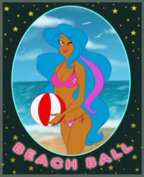 Size: 648x800 | Tagged: safe, artist:uppun, g1, beach ball, beach ball (g1), bikini, clothing, humanized, one eye closed, swimsuit, wink