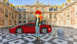 Size: 1500x850 | Tagged: safe, artist:mytri-atari, character:philomena, character:sunset shimmer, equestria girls:friendship games, g4, my little pony: equestria girls, my little pony:equestria girls, boots, car, clothing, equestria guys, ferrari, ferrari 458 italia, jacket, male, mansion, real life background, rule 63, shoes, sunset glare, supercar