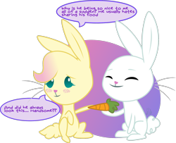 Size: 1786x1449 | Tagged: safe, artist:blupolicebox, character:angel bunny, character:fluttershy, species:rabbit, ship:angelshy, angelbetes, blushing, bunnified, bunnyshy, carrot, cute, dialogue, eyes closed, female, food, male, present, sharing, shipping, shyabetes, simple background, smiling, species swap, speech bubble, straight, transformation, transformed