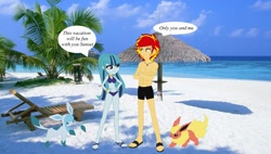 Size: 1500x850 | Tagged: safe, artist:mytri-atari, character:sonata dusk, character:sunset shimmer, my little pony:equestria girls, abs, beach, crossover, dialogue, equestria guys, feet, female, flareon, glaceon, half r63 shipping, male, muscles, pokémon, rule 63, sandals, shipping, sonaglare, straight, sunset glare