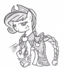 Size: 1996x2241 | Tagged: safe, artist:bronyfang, character:applejack, species:earth pony, species:pony, clothing, crossed hooves, dress, female, gala dress, mare, monochrome, solo